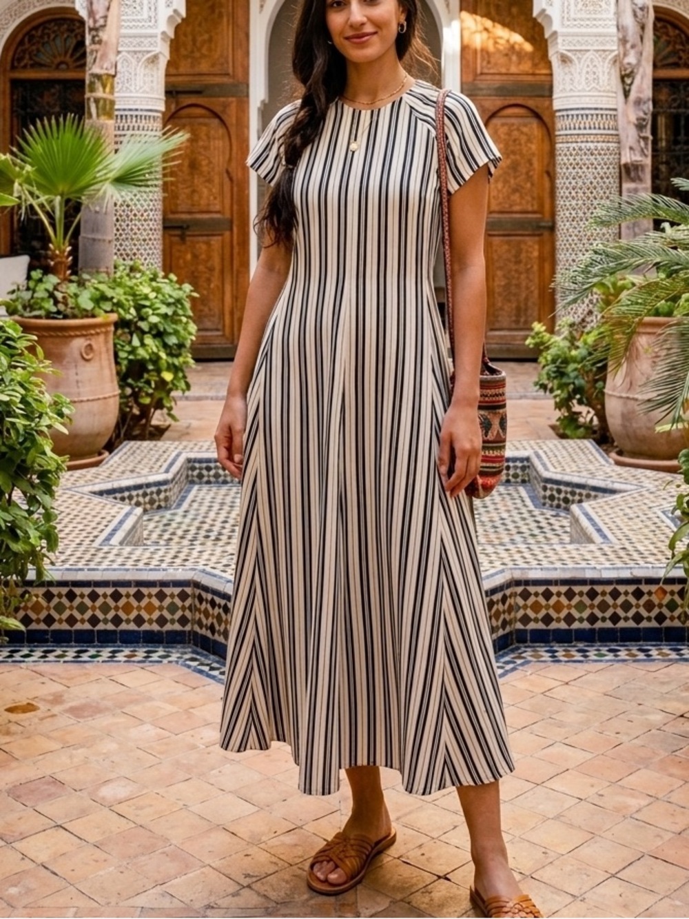 Club Monaco Black & Cream Striped Short-Sleeve Midi Dress size 0
